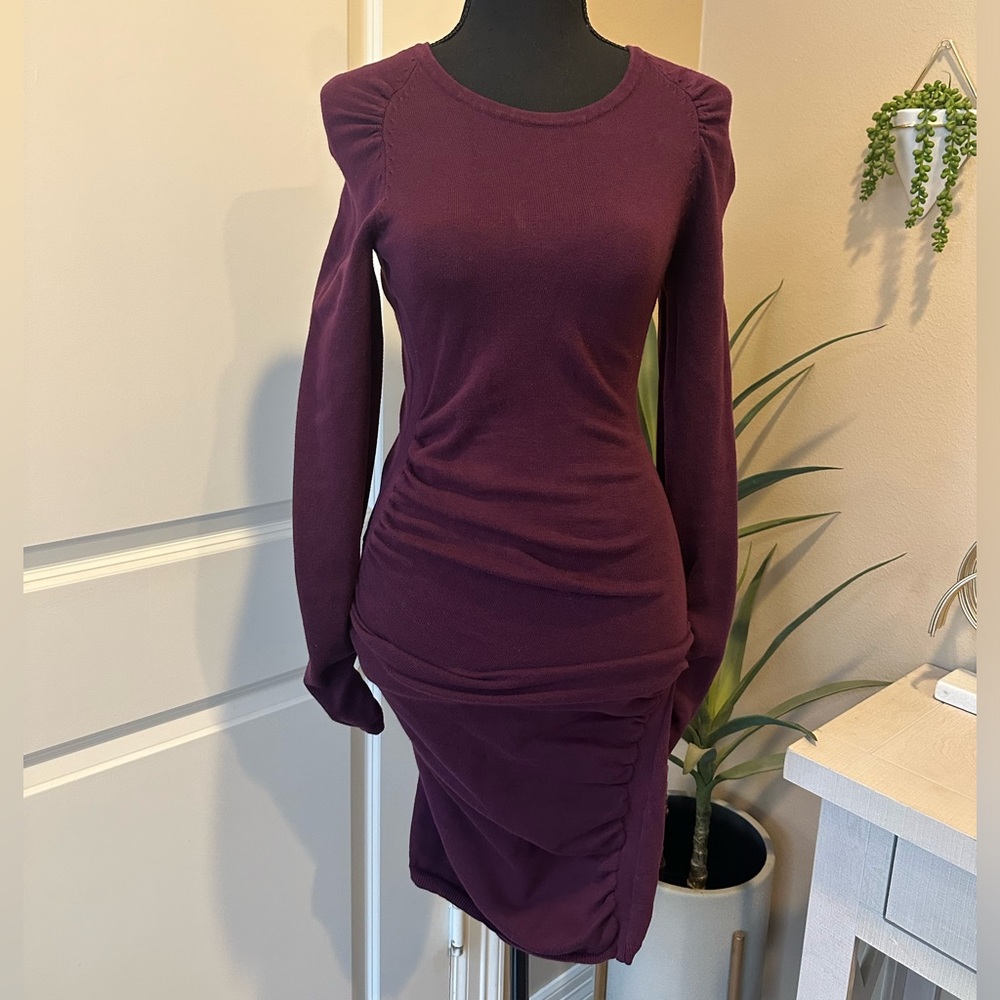Burgundy Long Sleeve Sweater Knee-Length Dress